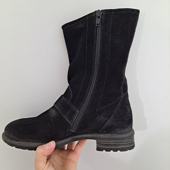 Paul Green Black Suede Distressed Moto Fall Boots Zipper Buckle - Picture 7 of 13